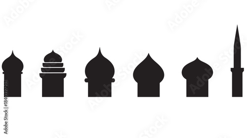 a collection of six black silhouettes of various islamic architectural domes and minarets on transparent background a versatile design element silhouette high quality professional detailed modern