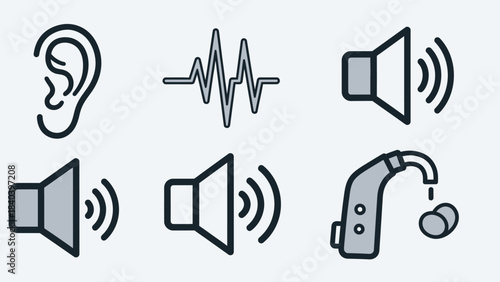 Icons representing hearing, sound waves, and hearing aids for auditory health.
