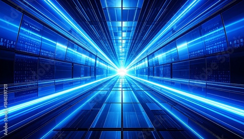 青の光線が奥行きを描くデジタルトンネル構図
