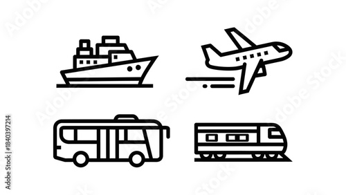 Icons of Various Transportation Methods - Ship, Plane, Bus, and Train.
