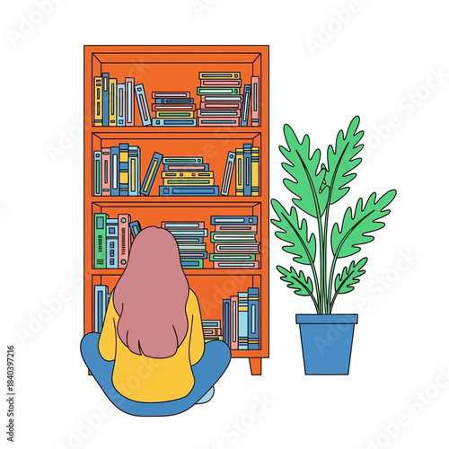 Young woman sitting on the floor reading a book in front of a tall orange bookshelf next to a potted green houseplant, illustration for study or leisure time