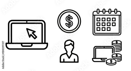 Icons representing online business, finance, scheduling, and user management concepts.