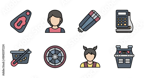 Icons representing shopping, retail, and customer service elements.