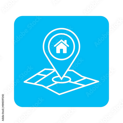Outline icon of a map location pin with a house symbol inside, pointing to a stylized map area, set against a bright blue rounded square background