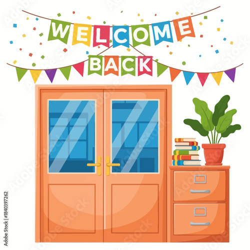 Welcome back banner with colorful bunting flags hanging above an open double door entrance, next to a filing cabinet with a plant and books, celebrating return to school or office