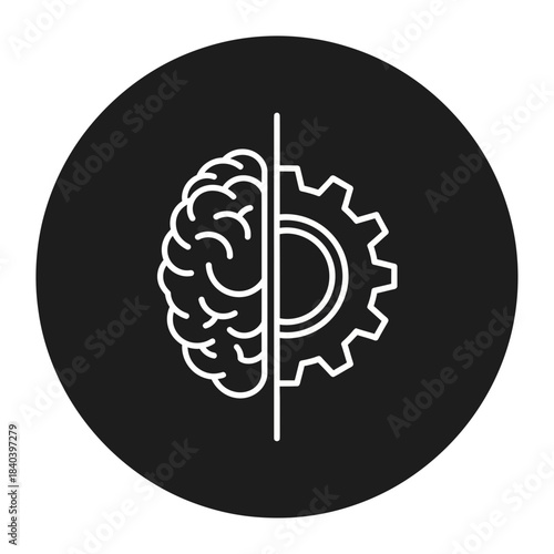 Icon representing the duality of human thought half brain, half gear, symbolizing logic and creativity in a black circle