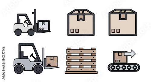 Illustrations of Forklifts, Boxes, Pallet, and Conveyor Belt for Logistics.