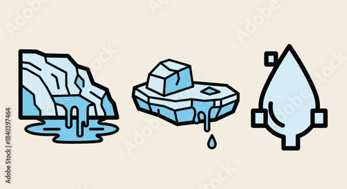 Illustrations of Melting Ice and Water Drop Symbolizing Climate Change.