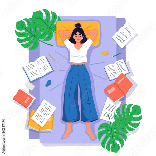 Tired young woman resting on bed surrounded by books, papers, and tropical leaves, illustration of burnout and overwork concept