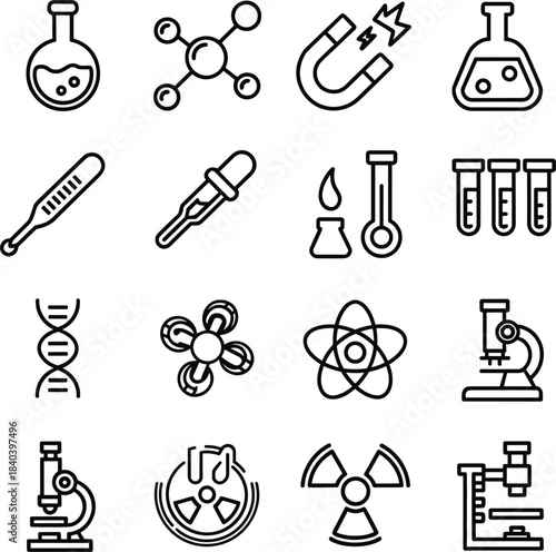 Science and Chemistry Icons with Laboratory Equipment and Molecules vector illustration