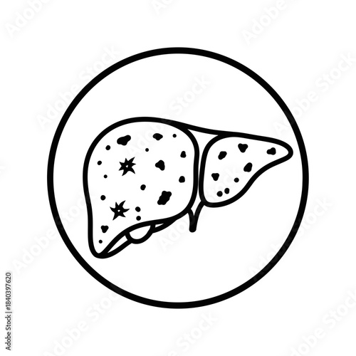 Hand drawn icon of a diseased liver with spots representing cirrhosis or cancer, inside a circle, black and white outline drawing