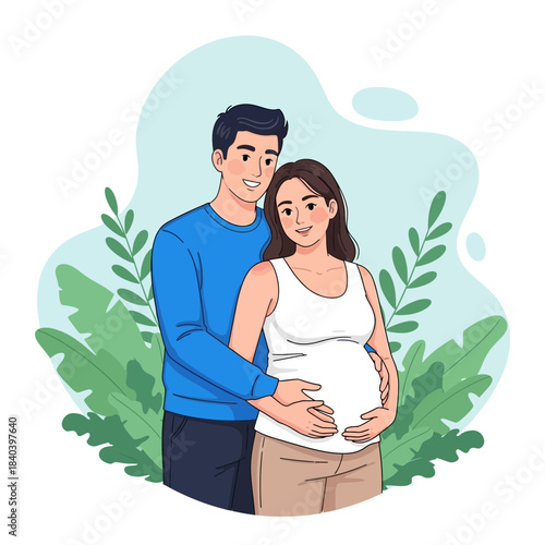Happy expectant couple embracing, husband lovingly holding pregnant wifes belly surrounded by lush green foliage illustration