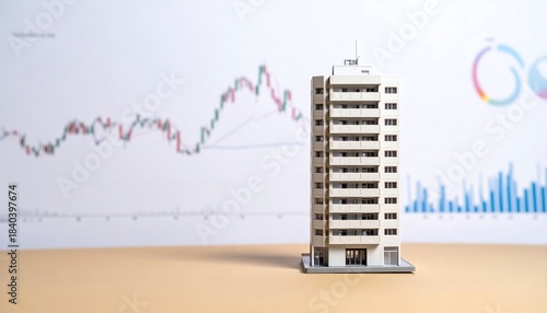グラフと資料に囲まれたタワーマンション模型が不動産ビジネス投資を示す構図