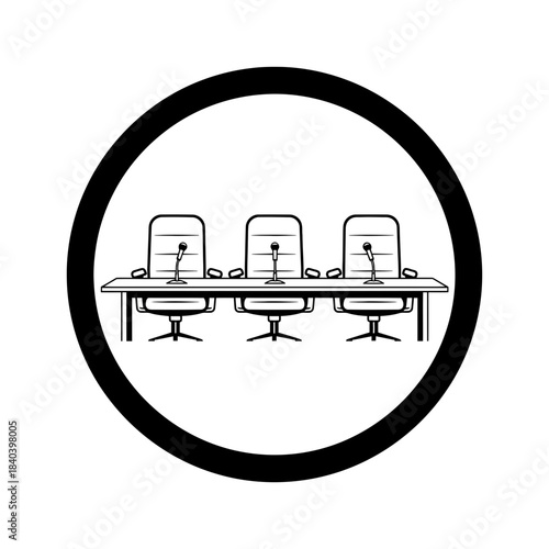 Three office chairs behind a long table with microphones, representing a panel discussion, press conference, or meeting, presented as a black and white icon inside a circle