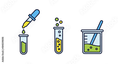 Laboratory glassware with colorful liquids for scientific experiments.