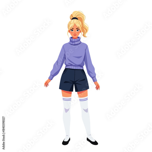 Young blonde girl in a purple turtleneck sweater and dark denim shorts with white kneehigh socks and black shoes, full body portrait