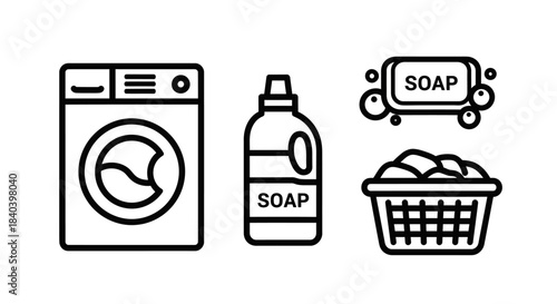Laundry Day Essentials - Washing Machine, Soap, and Laundry Basket.