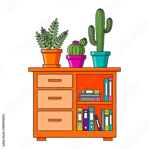 Illustration of potted plants and books on a small wooden cabinet, vector drawing