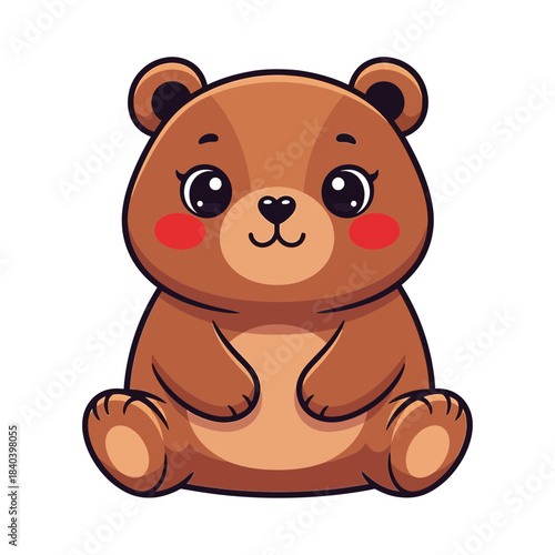 Cute cartoon brown bear sitting, adorable baby animal character with big eyes and rosy cheeks, simple vector illustration for children