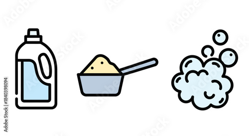 Laundry Detergent Types - Liquid, Powder, and Bubbles Illustration.