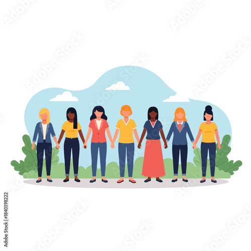 Group of diverse women holding hands standing together in nature illustration