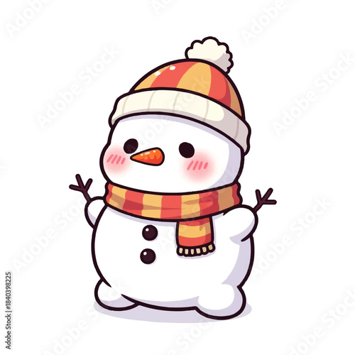 An adorable, cheerful cartoon snowman wearing a striped hat and scarf, with rosy cheeks and twig arms, isolated on a white background. Perfect for winter and holiday themes.