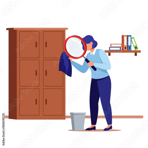 Woman inspecting a wooden cabinet with a magnifying glass while cleaning, concept of detailed inspection, quality control, or deep cleaning in office or home environment