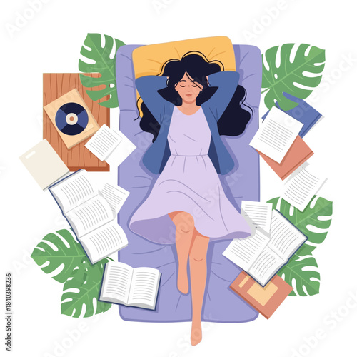 Young woman relaxing on a purple lounge chair surrounded by books, papers, and tropical leaves, topdown view illustration