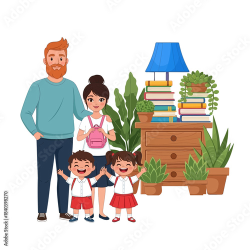 Happy family standing together with children ready for school near a wooden nightstand with lamp and potted plants