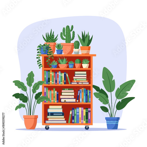 Illustration of a rolling wooden bookshelf filled with books and decorated with various potted cacti and succulents, flanked by two large potted houseplants on a light background