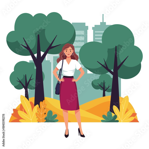 Young businesswoman standing in a city park with trees and buildings in the background, flat illustration style