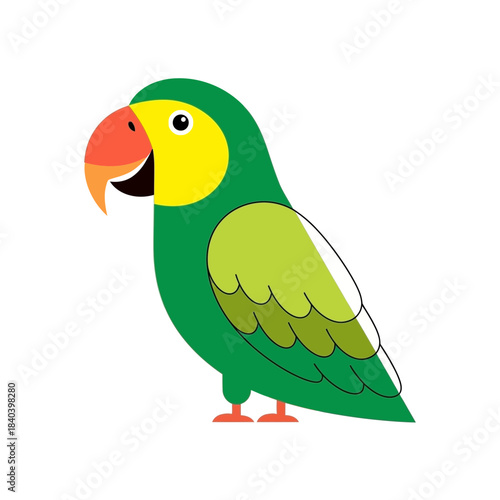 Cute cartoon green parrot bird character with big beak and yellow face