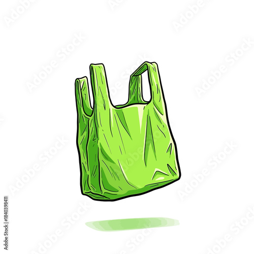 Bright green plastic shopping bag with handles, handdrawn illustration style