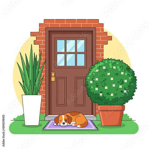 Cute puppy sleeping on a welcome mat in front of a brown wooden door with brick frame, flanked by potted plants, cartoon illustration