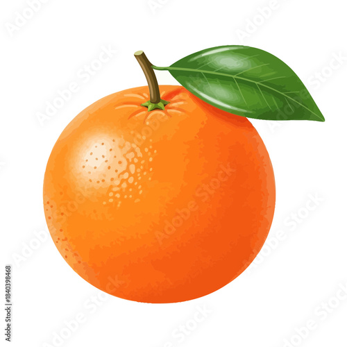 Realistic illustration of a fresh, ripe orange fruit with a green leaf attached, a pure