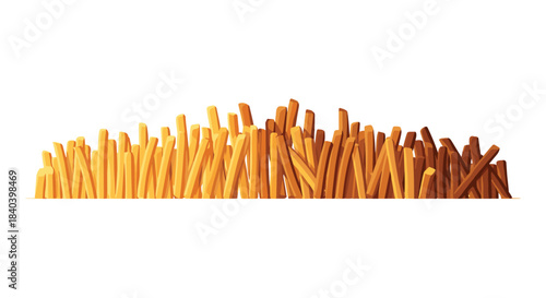 Row of golden french fries standing upright on a white background forming a warm gradient from pale yellow to deep brown across the lineup.