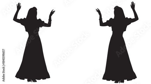 two identical black silhouettes of women with arms raised wearing long dresses facing forward isolated on transparent background silhouette high quality professional detailed modern elegant stylish