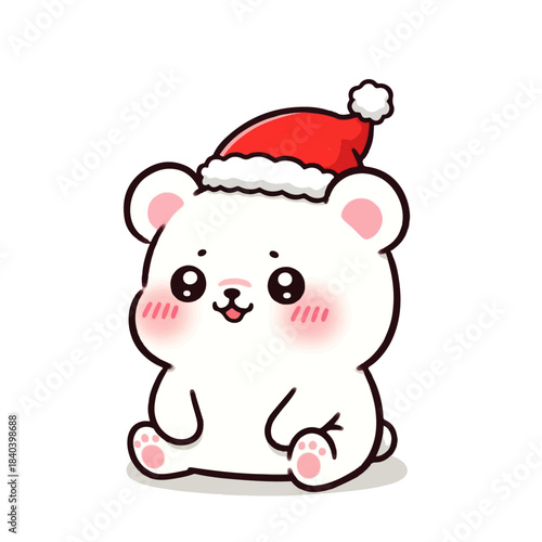 Adorable kawaii polar bear character with rosy cheeks and a festive Santa hat, sitting happily. Perfect for Christmas and winter designs.