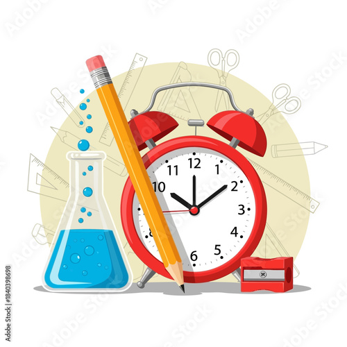 Alarm clock, pencil, and erlenmeyer flask with blue liquid, symbolizing education, science, and time management