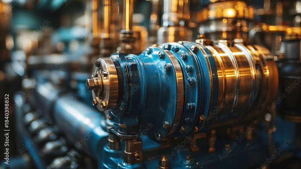 Fototapeta premium Closeup captures the intricate details of a diesel engine running smoothly, showcasing its complex components and metallic surfaces. A display of engineering and industrial power in action, with