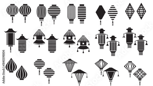 a collection of intricately designed black and white lanterns in varying shapes and styles perfect for diverse design projects on transparent background silhouette high quality professional