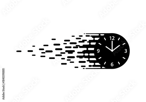 Fast moving clock icon, time passing quickly, speed concept, motion blur effect, black silhouette on