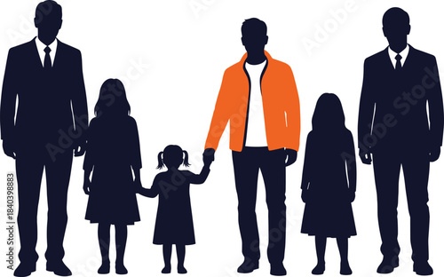 Family Silhouette Illustration Featuring Adults and Children with Highlighted Orange Jacket for Guardianship, Parenting, and Social Concept Vectors