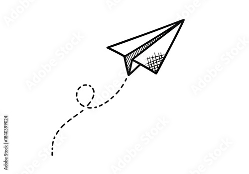 Hand drawn sketch of a paper airplane flying with a dotted line path