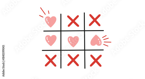 Heart themed tic tac toe board features red X marks and pink heart icons arranged on a three by three grid to convey a playful romantic game.