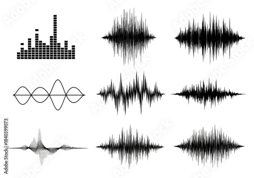 Set of nine black and white sound wave forms and audio spectrum visualizations, graphic equalizer bars, and abstract digital signal representations for music, sound, and vibration concepts