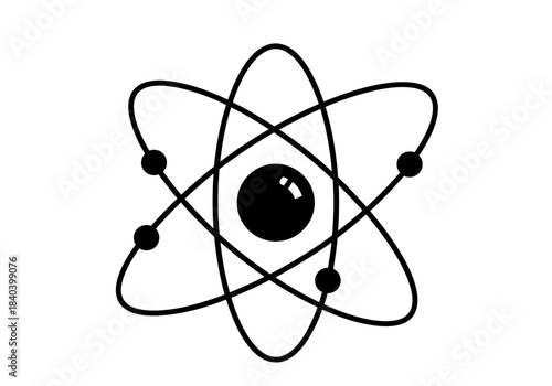 Simple black and white icon of an atom structure with nucleus and orbiting electrons, symbolizing science, physics, chemistry, and energy