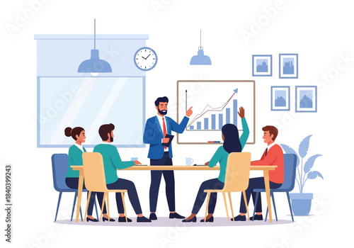 Business meeting presentation with team analyzing growth chart on whiteboard in modern office setting