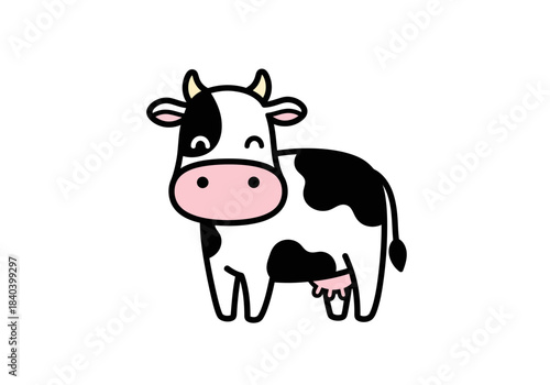 Cute cartoon cow illustration, black and white dairy animal with pink muzzle, simple drawing