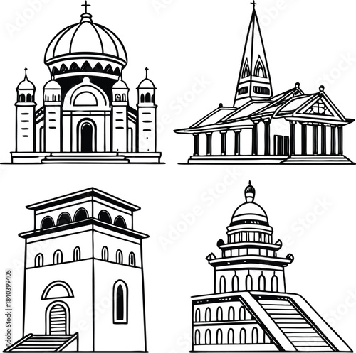 Vector illustration of the Basilica of the Holy Sepulchre in Jerusalem and the Basilica of St Mary of the Virgin as detailed architectural landmark icons